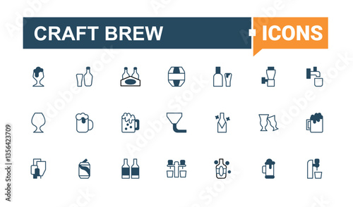Craft Brew modern icon. Contain linear symbols brew, brewing, alcohol, bar, drink and more. Craft Beer vector line icon set. outline and solid icons collection. Vector artwork and illustration.