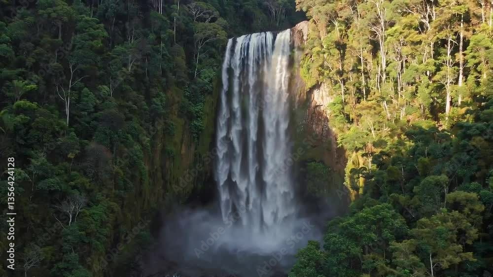 Majestic waterfall cascades in lush forest setting amidst sunny day Majestic waterfall cascades in lush forest setting amidst sunny day