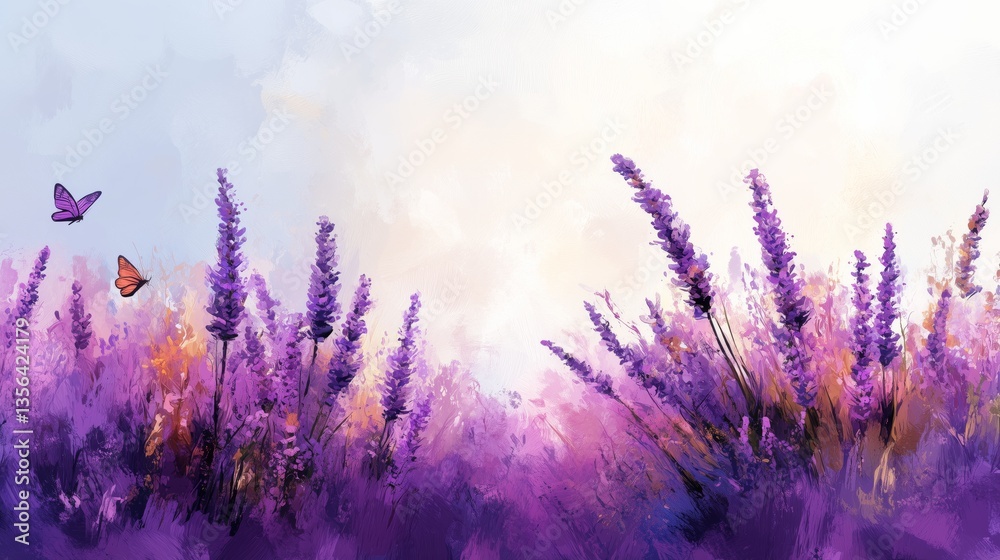 Naklejka premium Lavender field with butterflies in a dreamy, colorful landscape. Illustration pastel minimal mockup blank frame Lavender Festival - serene lavender field with soft purple flowers