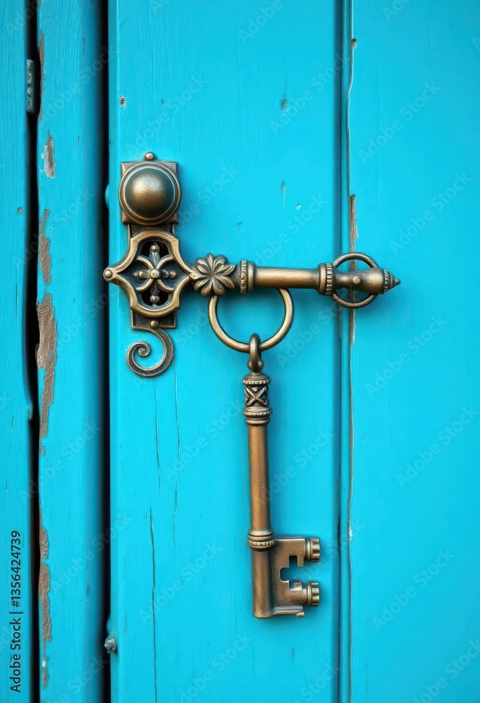 Antique skeleton key on teal blue painted wood door, security, teal wood, keyhole Antique skeleton key on teal blue painted wood door, security, teal wood, keyhole