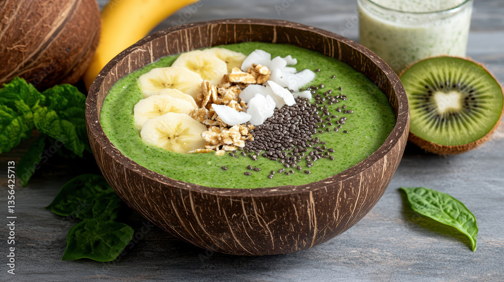 vibrant green smoothie bowl topped with banana slices, granola, coconut flakes, and chia seeds vibrant green smoothie bowl topped with banana slices, granola, coconut flakes, and chia seeds