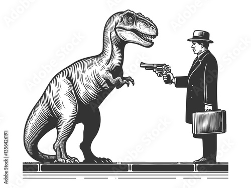 Businessman Confronting Dinosaur with Revolver