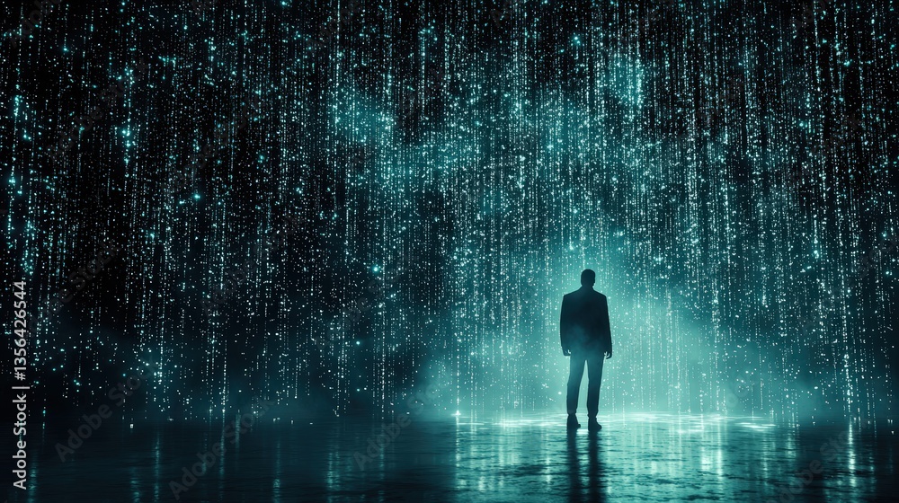 Man Standing in Front of A Dark Background with Digital Rain Effect Creating a Mystical and Futuristic Atmosphere in a Surreal Setting Man Standing in Front of A Dark Background with Digital Rain Effect Creating a Mystical and Futuristic Atmosphere in a Surreal Setting