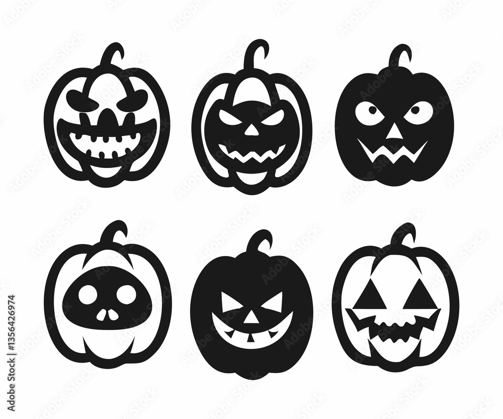 Obraz premium This set of six simple black and white Halloween pumpkin icons features various spooky jack-o'-lantern faces.