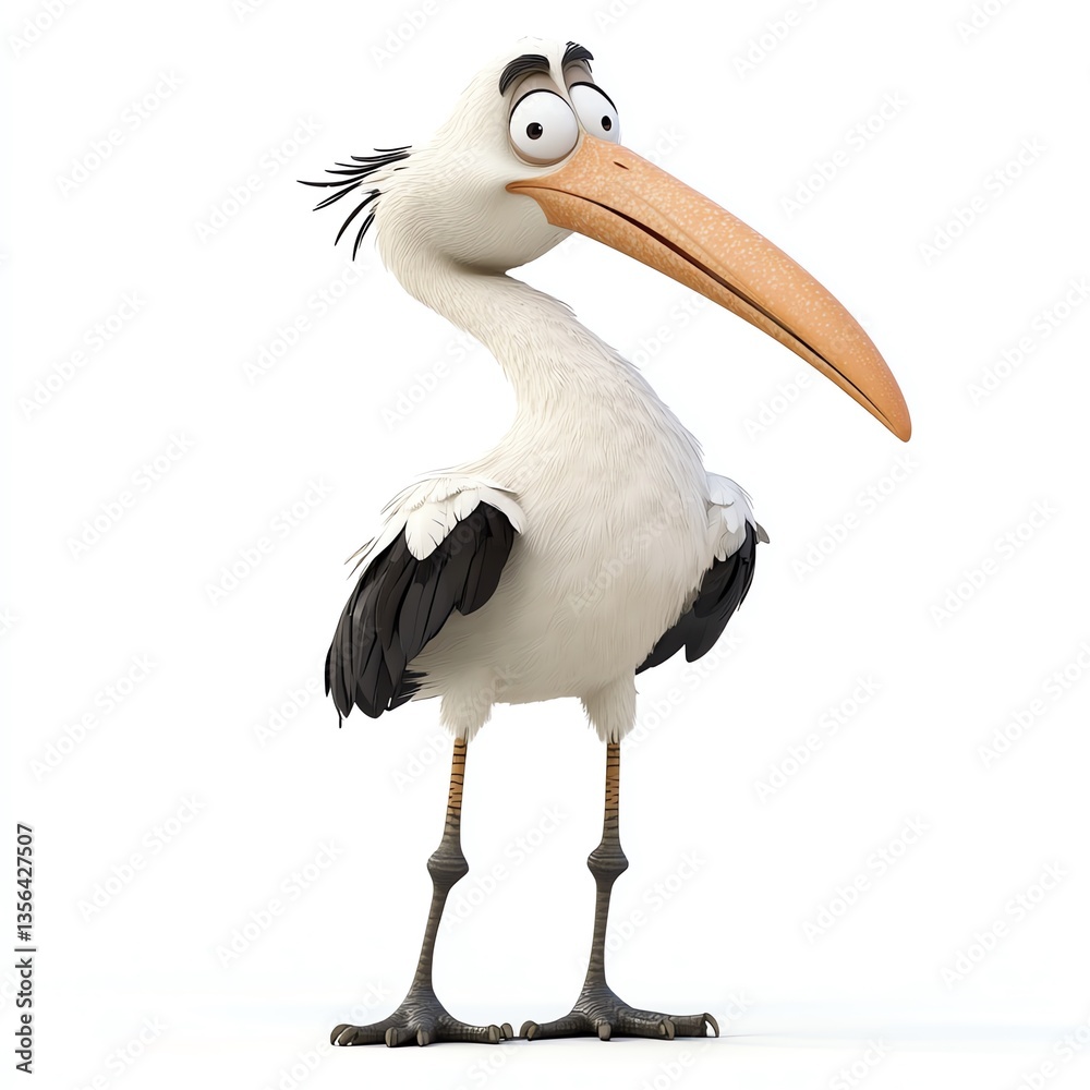 Fototapeta premium A whimsical cartoon stork stands against a pure white background, its expressive eyes conveying a sense of gentle weariness.