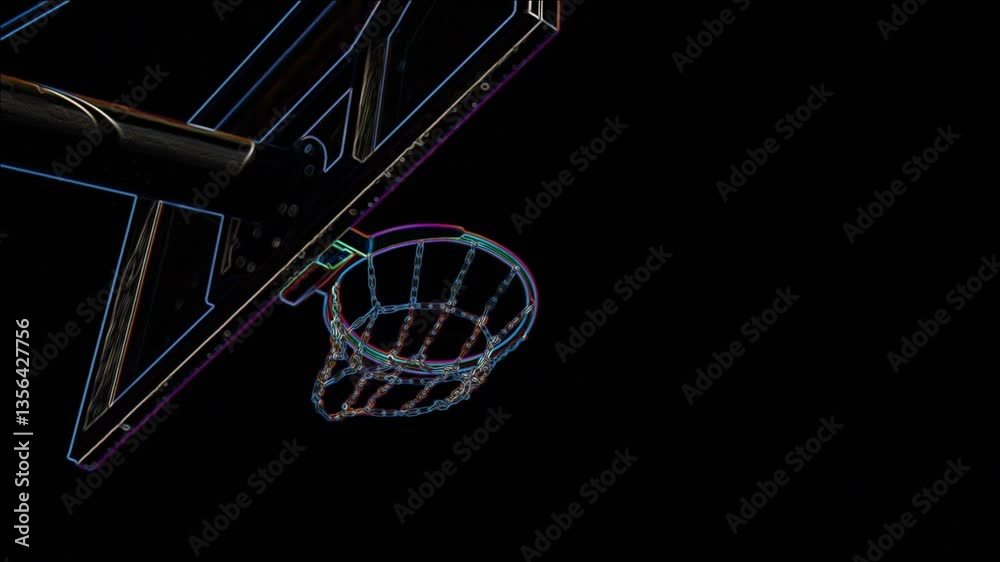 A ball hits a street basketball hoop with a color edge effect