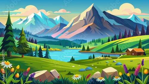 panoramic landscape with meadow and lake in front of alps mountains