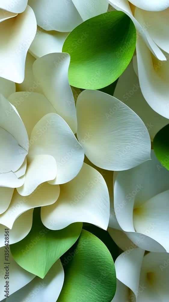 Close-up of delicate white and green flower petals arranged artistically on a surface