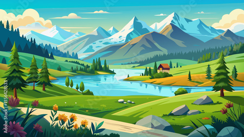 panoramic landscape with meadow and lake in front of alps mountains
