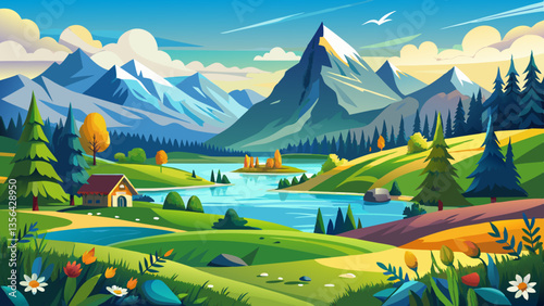 panoramic landscape with meadow and lake in front of alps mountains
