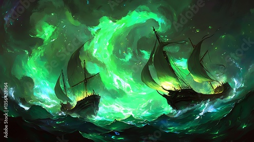 Three sailing ships engulfed in swirling green flames at sea.