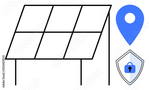 Solar panel structure accompanied by a blue location marker and a shield with a lock emblem. Ideal for renewable energy, location tracking, security, green technology, sustainability, energy