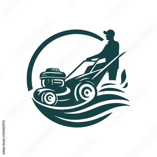 Lawn mower logo on white background. Logo featuring a man mowing the grass for brand. Suitable for landscaping, gardening, outdoor services, lawn care businesses. vintage line art Lawn mower logo