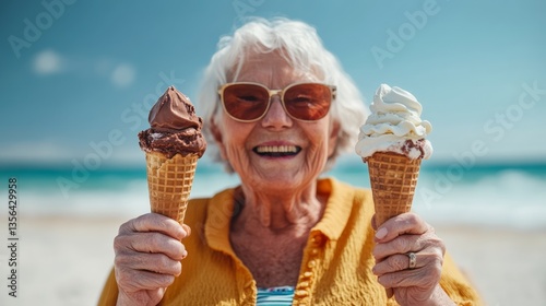 Smiling woman holding two ice cream cones on a beach. Scene is happy and carefree
