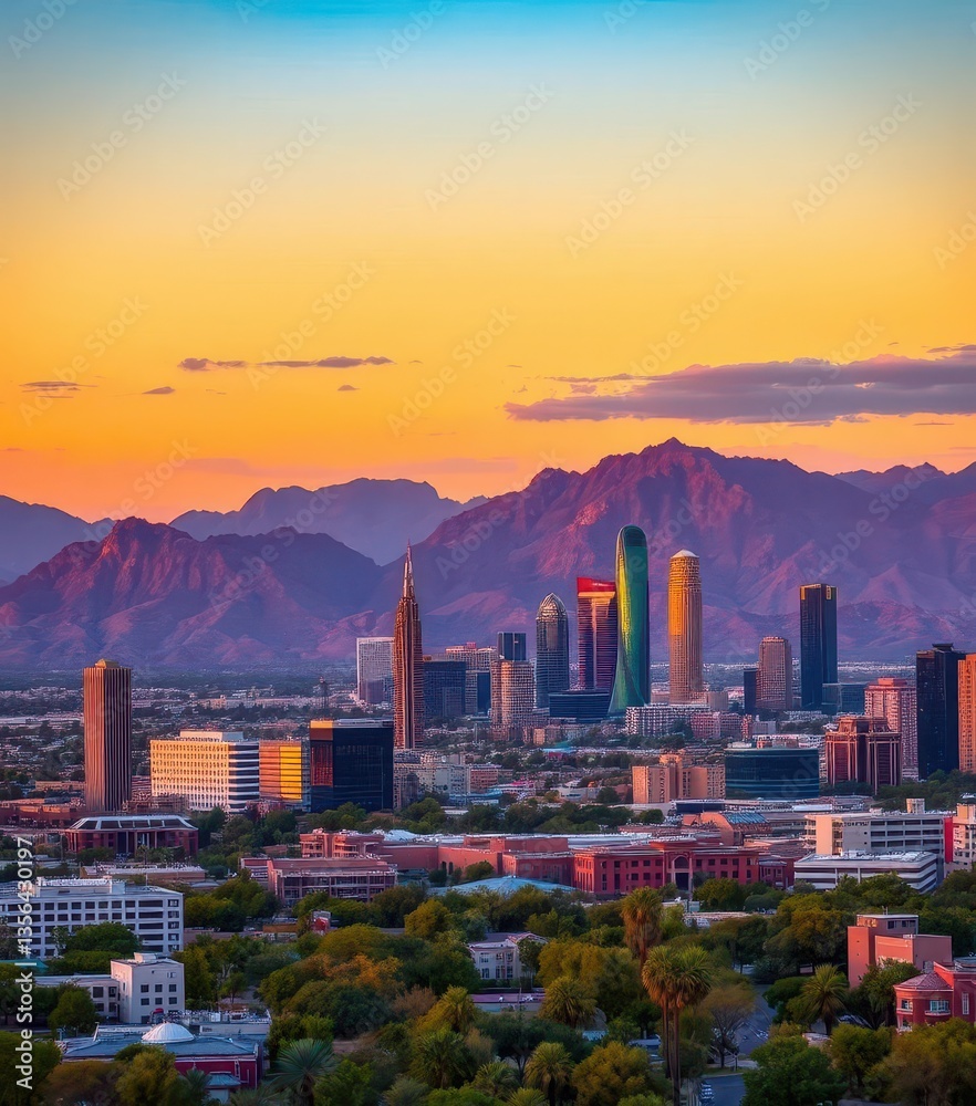 Obraz premium Iconic Phoenix skyline at sunset, showcasing mountains and city buildings, panorama, incredible