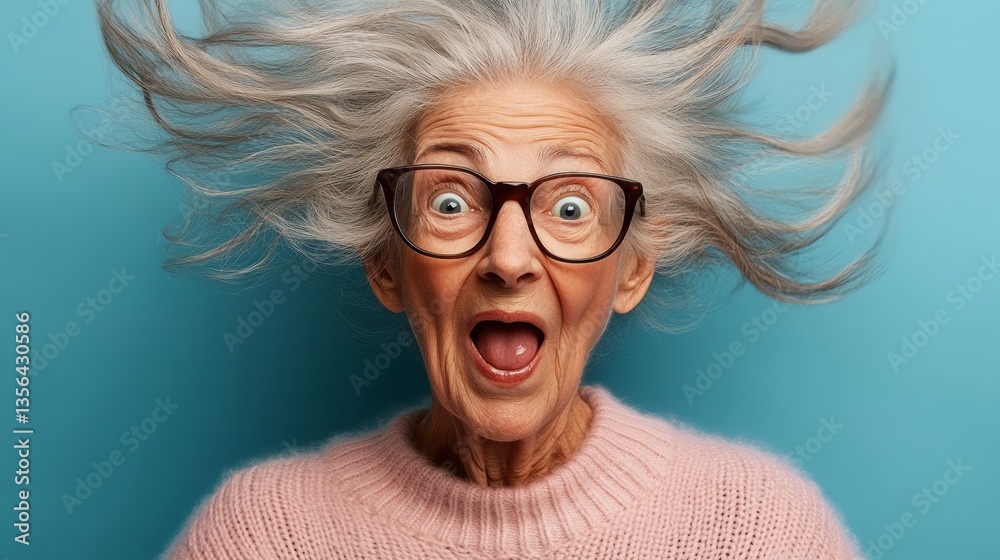 Woman with long hair and glasses is smiling and has her mouth open. Concept of joy and excitement Woman with long hair and glasses is smiling and has her mouth open. Concept of joy and excitement