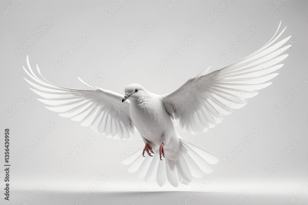 Fototapeta premium White dove in flight, wings outstretched against a light grey background.