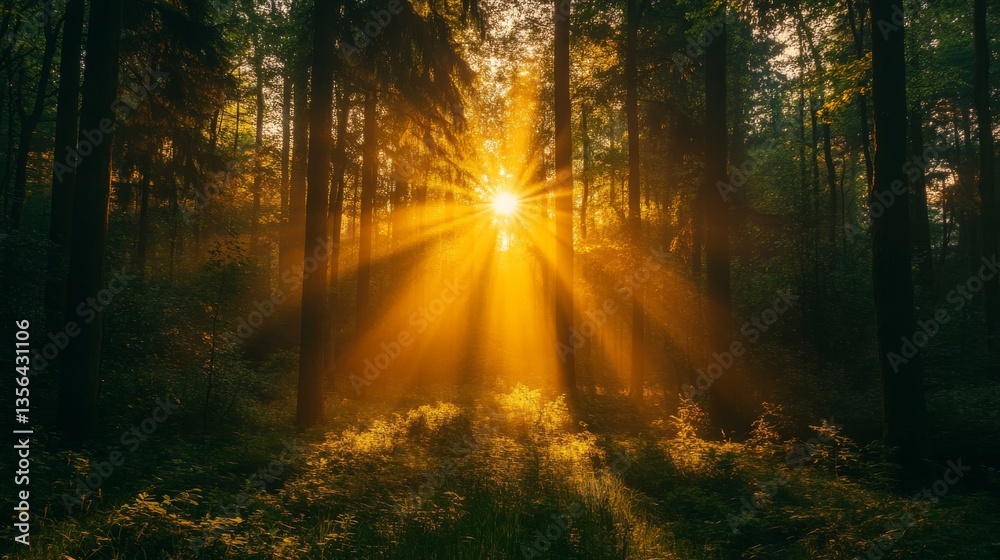 Fototapeta premium Sunlight streams through trees in a serene forest at dawn creating a magical atmosphere in the woodland