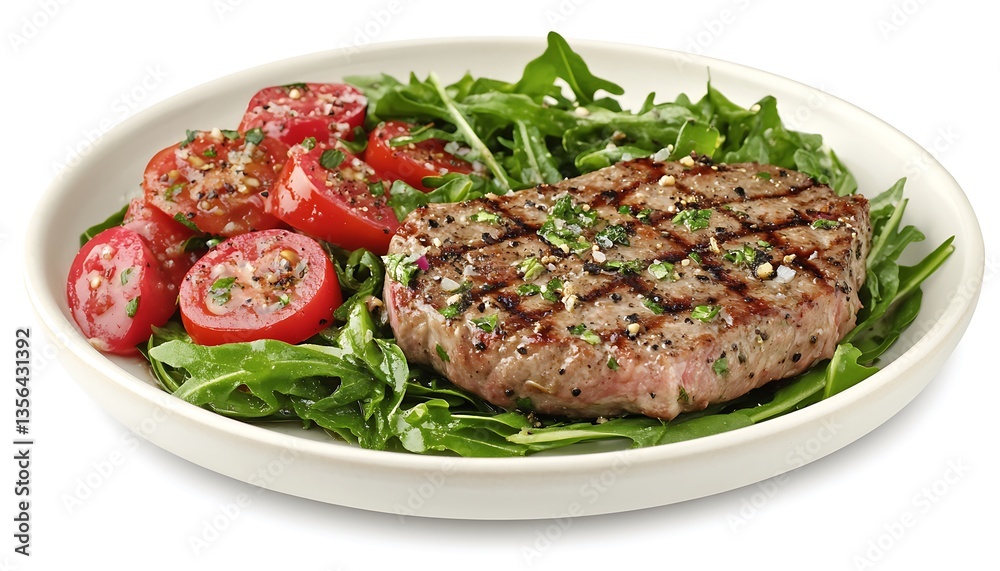 A grilled steak with tomatoes and greens in a white bowl A grilled steak with tomatoes and greens in a white bowl