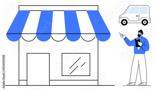 Storefront with striped awning, a compact car, professional man gesturing with clipboard. Ideal for business setup, retail, marketing, sales, delivery services, entrepreneurship customer