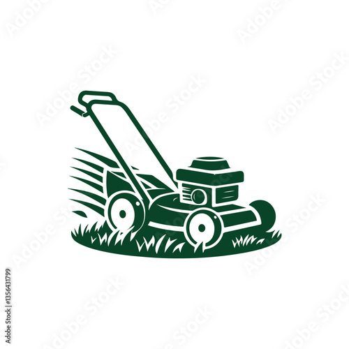 Lawn mower logo on white background. Logo featuring a man mowing the grass for brand. Suitable for landscaping, gardening, outdoor services, lawn care businesses.