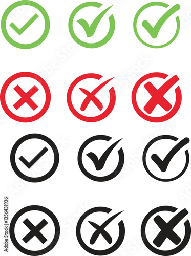  Check mark icon button set. Check box icon with right and wrong buttons and yes or no checkmark icons in green tick box and red cross. Isolated checkmark symbol, right and wrong sign Icon Set 10 Eps