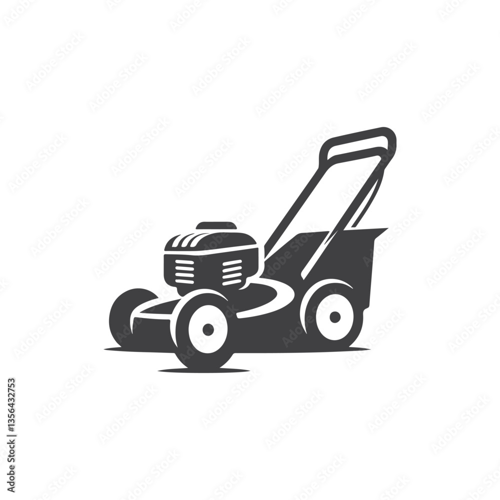 Naklejka premium Lawn mower logo on white background. Logo featuring a man mowing the grass for brand. Suitable for landscaping, gardening, outdoor services, lawn care businesses.