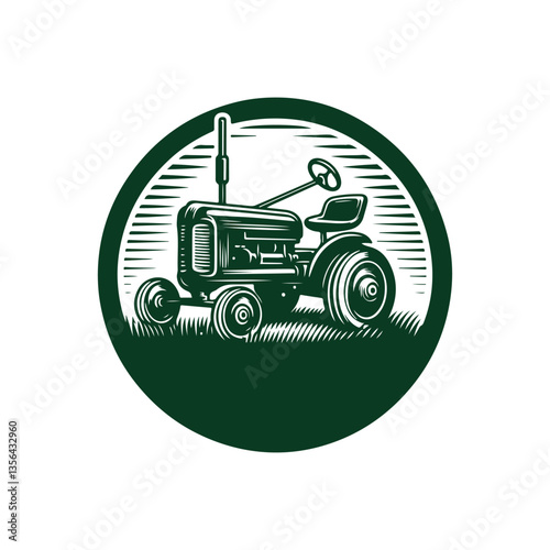 Lawn mower logo on white background. Logo featuring a man mowing the grass for brand. Suitable for landscaping, gardening, outdoor services, lawn care businesses. vintage line art Lawn mower logo