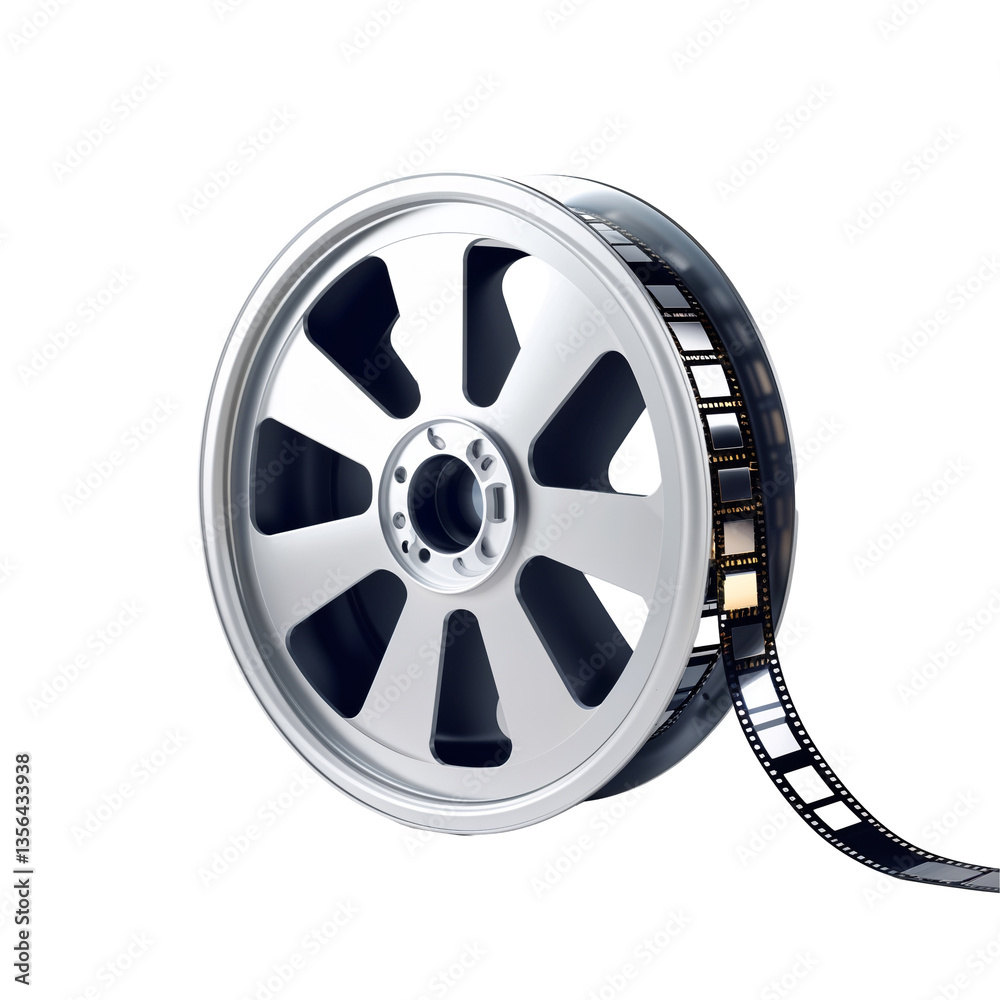 Obraz premium Automotive metallic wheel with a sleek silver finish, precisely designed machine part with an intricate spoke pattern, isolated transparent background
