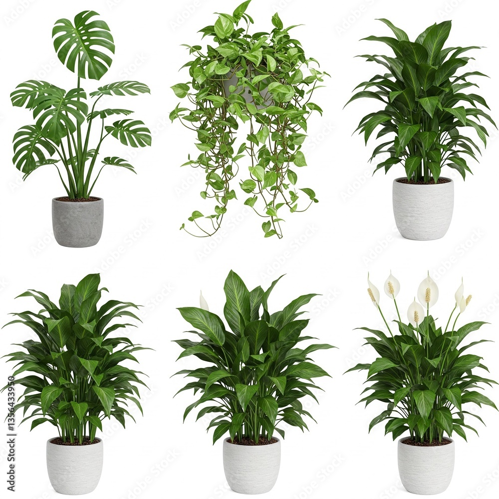 Fototapeta premium Various lush green bathroom plants with ceramic pots isolated on white background 
