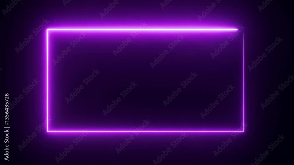 Glowing purple neon rectangular frame with soft light effect on dark background and empty center space