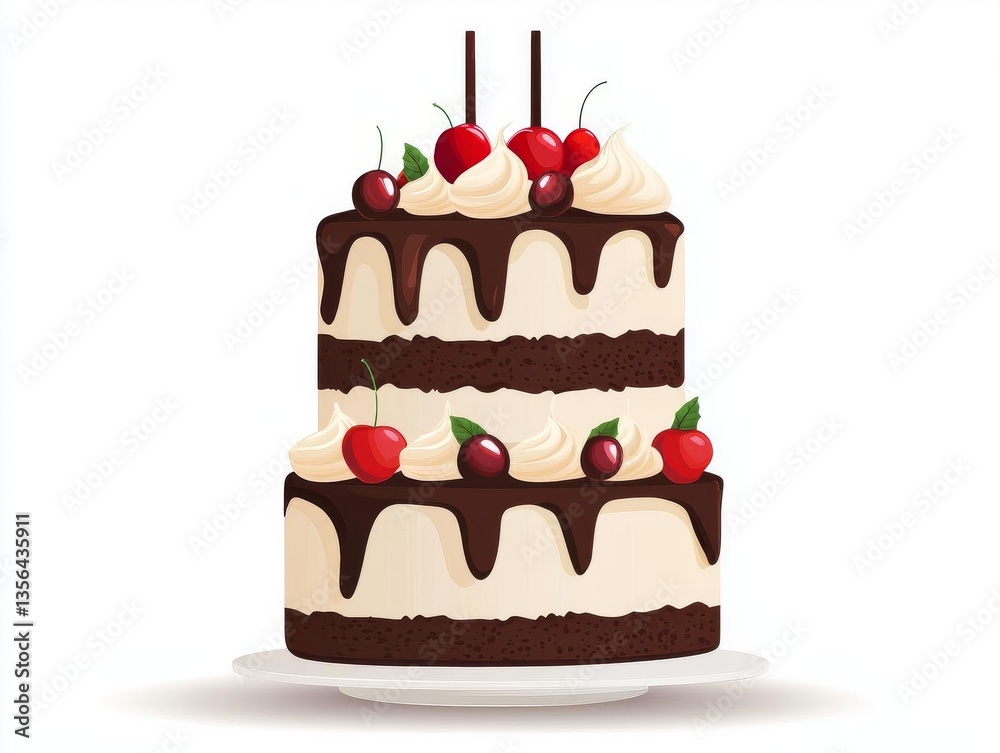 A delicious two-tiered chocolate cake topped with cherries and whipped cream, perfect for celebrations. A delicious two-tiered chocolate cake topped with cherries and whipped cream, perfect for celebrations.