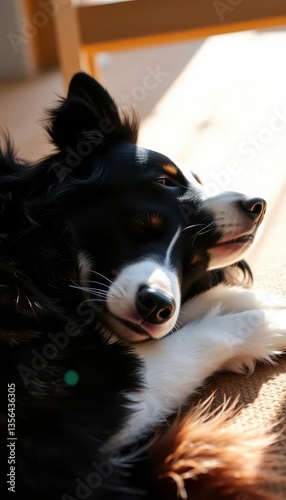 A border collie lies curled in a sunbeam, eyes closed, relaxed, border collie, furry