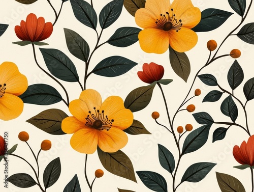 Wallpaper Mural A vibrant floral pattern featuring yellow and red flowers with lush green leaves against a soft background. Torontodigital.ca