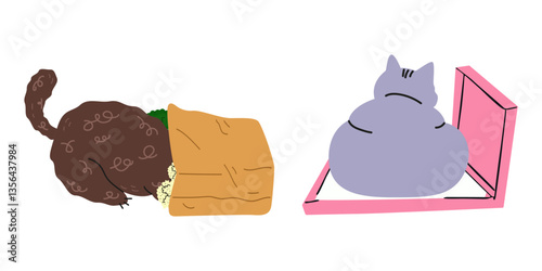 Cute funny cats vector set with amusing expressions, emotions, poses. Cartoon cat characters left unattended make a mess, break pots of indoor plants and tear open packages