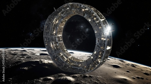 Fototapeta Naklejka Na Ścianę i Meble -  Futuristic Space Station Orbiting a Moon in the Dark Depths of Space