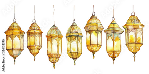 Set of hanging Arabic lanterns isolated on a white background