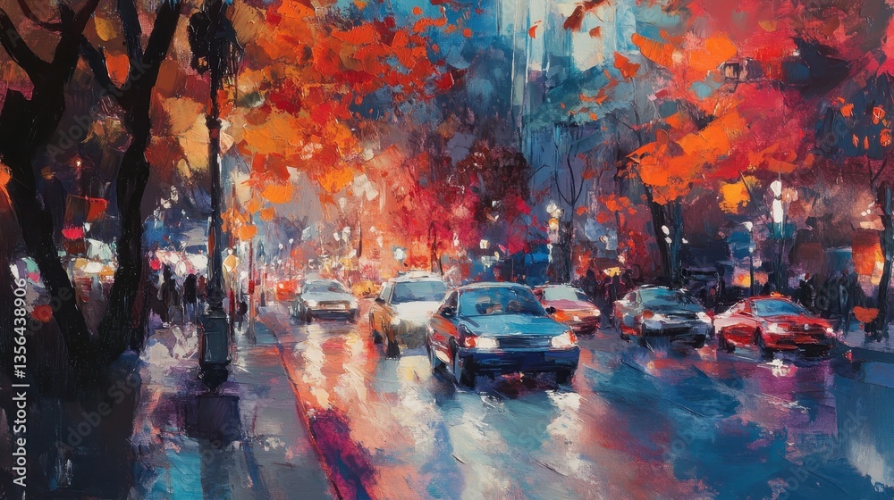 Fototapeta premium Autumn City Street Cars Rain Impressionist Painting