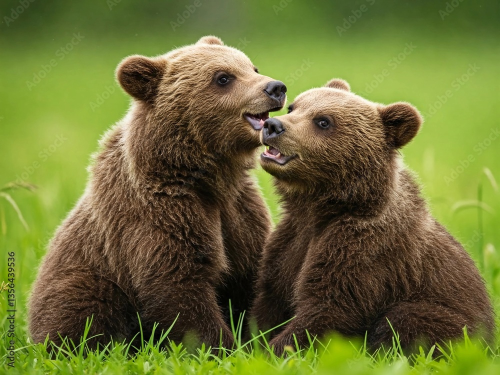 Obraz premium Two young brown bears playfully interacting in a lush green meadow. This adorable wildlife moment captures their bond, curiosity, and the beauty of nature in the wild.