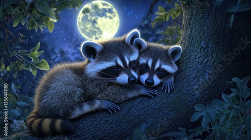 Moonlit slumber, A pair of raccoons sleep soundly under the starry sky