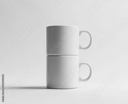 Two stackable white mugs