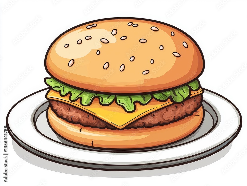 Delicious burger with cheese, lettuce, and sesame seed bun on a white plate, perfect for any meal. Delicious burger with cheese, lettuce, and sesame seed bun on a white plate, perfect for any meal.