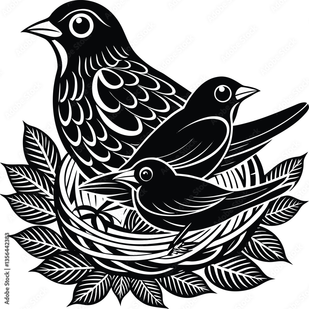 Naklejka premium Mother Bird Nesting with Baby Chick 