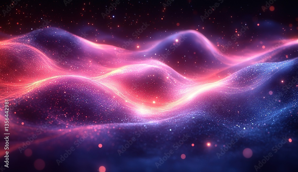 Fototapeta premium Abstract Wavy Landscape, Cosmic Particles, Vibrant Hues of Pink, Purple and Blue Gradient