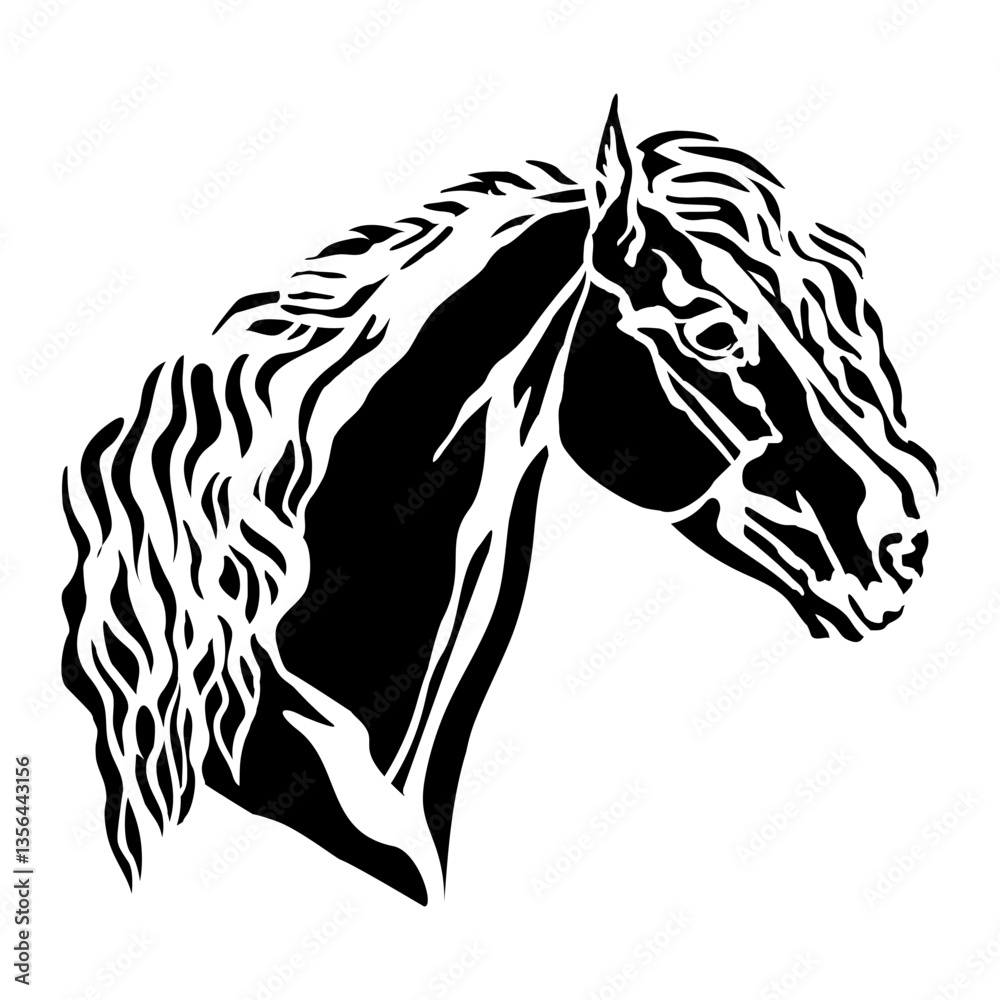 Obraz premium Abstract beautiful horse head silhouette. Horse portrait black and white. Vector illustration, isolated on white background. Template for embroidery, logo, design, tattoo, stencil and laser cutting