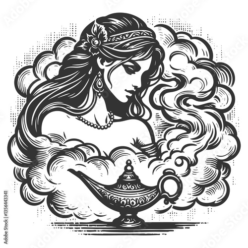Magical Female Genie Emerging from Lamp raster