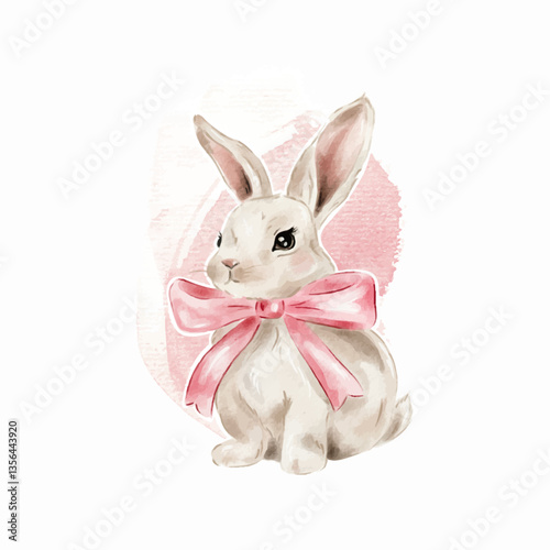 Vector watercolour bunny with a pink bow on a pink background. Cute bunny design element for easter decor, baby room, children's party decor.