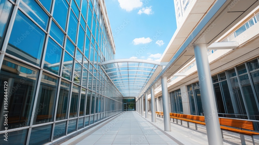 Fototapeta premium Low-angle view of modern office buildings urban plaza architectural photography bright environment