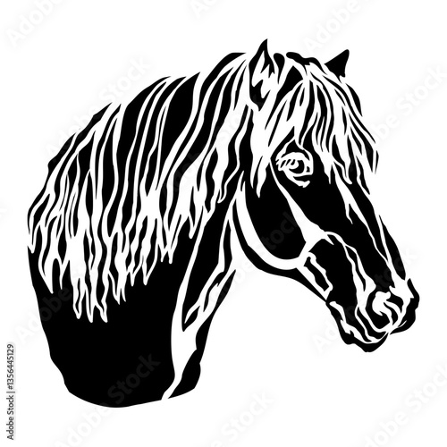 Abstract beautiful horse head silhouette. Horse portrait black and white. Vector illustration, isolated on white background. Template for embroidery, logo, design, tattoo, stencil and laser cutting
