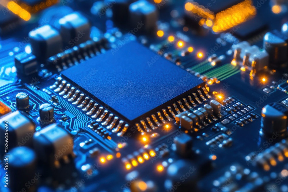 Close-up of a glowing circuit board with intricate components. Generated by AI Close-up of a glowing circuit board with intricate components. Generated by AI